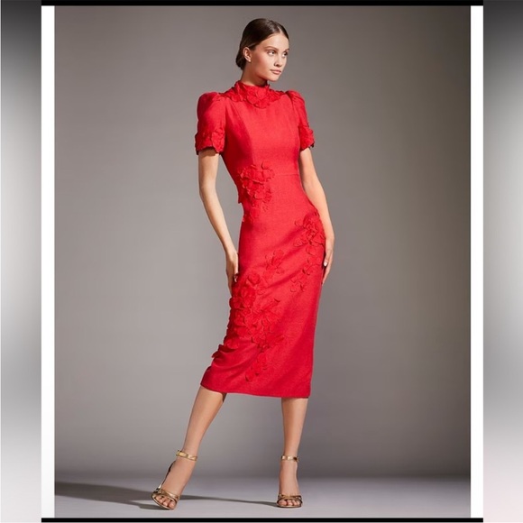 ANTONIO MELANI Dresses & Skirts - NWT Antonio Melani Willow Floral Applique Mock Neck Short Sleeve Midi Dress